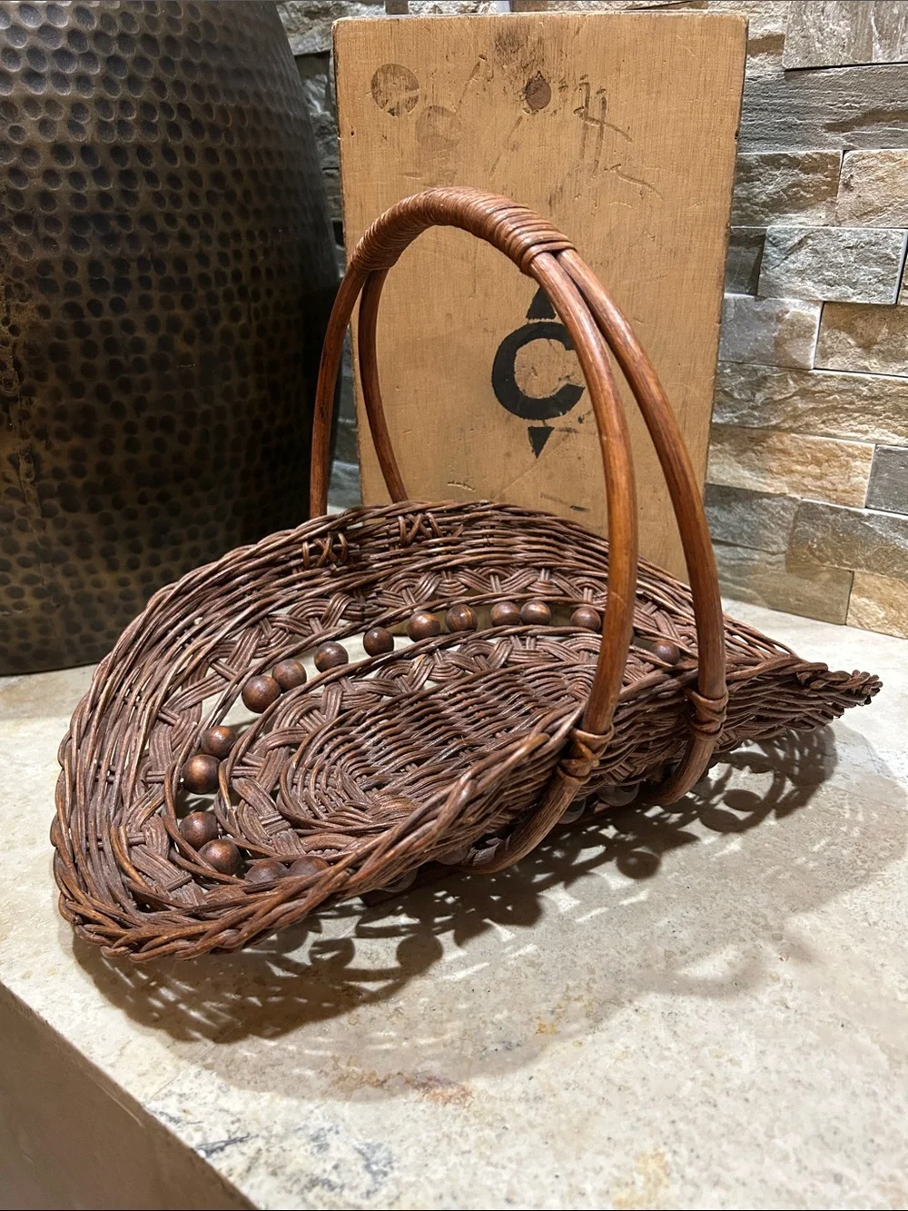 SOLD- vintage wicker rattan foraging flower trug basket decorated w/ wooden bead